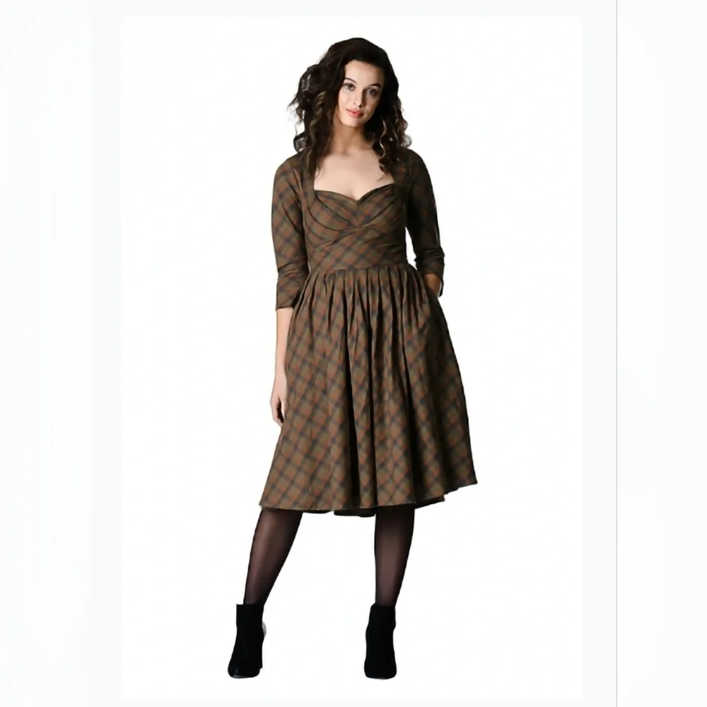 3X/24W eshakti Zapelle Cotton Plaid Bustier style dress brown blue organge - Picture 9 of 9